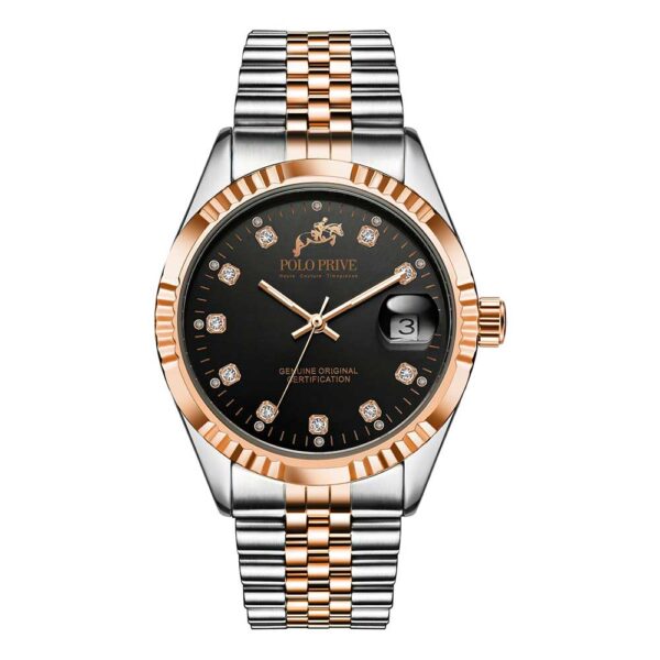 Black dial silver strap watch with rose-gold bezel – PP-629-001-24-SRGB