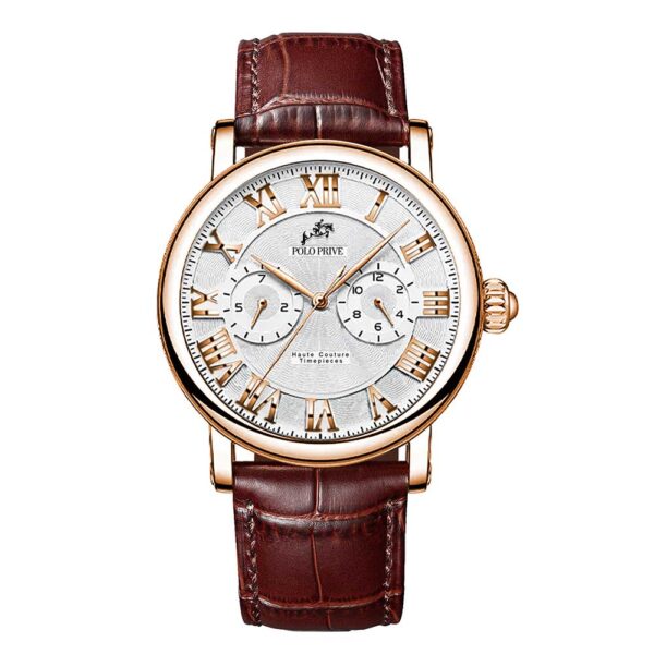Rose-gold case white dial black leather watch – PP-867Q-24-RGBW