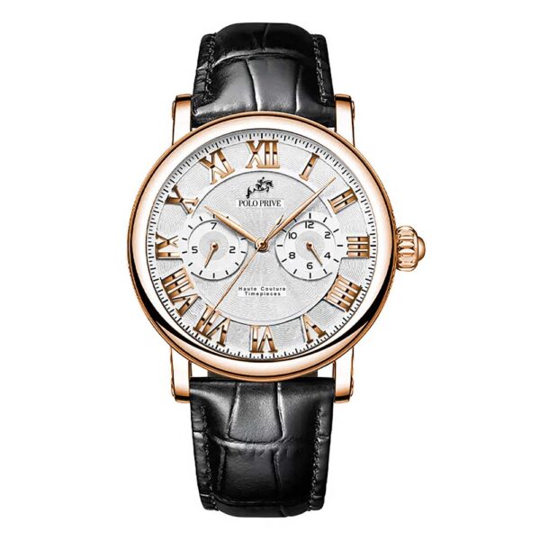 Gold case white dial black leather men’s watch – PP-867Q-24-GBW